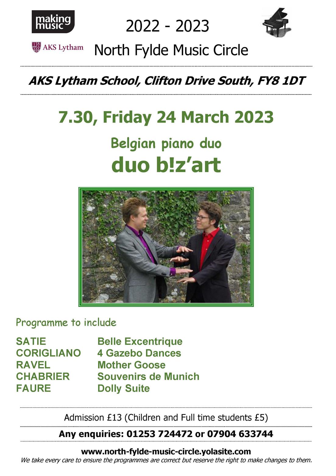 North Fylde Music Circle - Belgian piano duo - Duo B!z'art